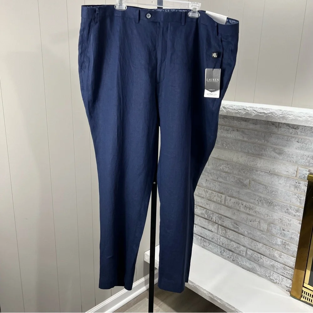 Lauren Ralph Lauren Classic Fit Linen Navy Blue Straight Leg Pants 48x32L NWT
